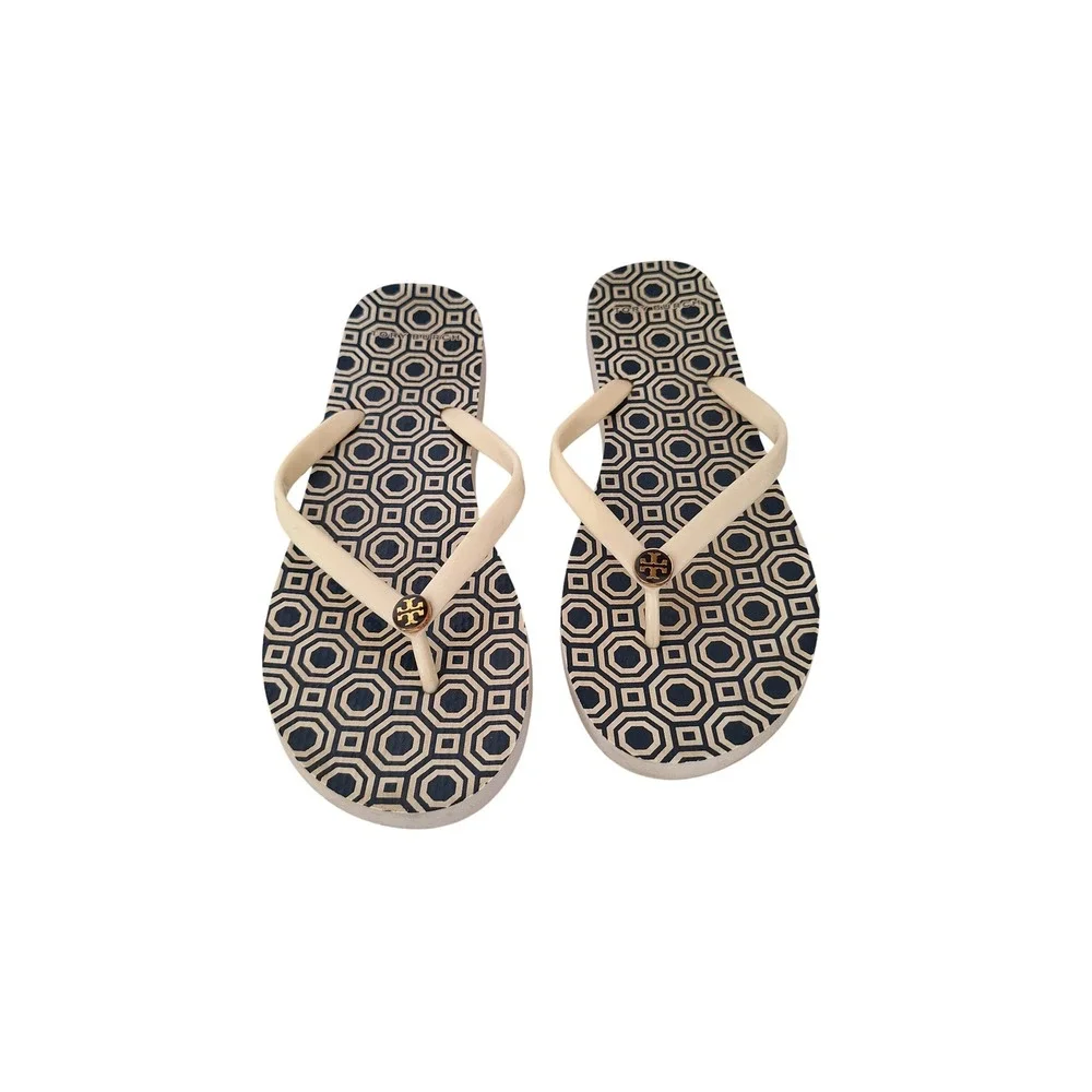Tory Burch Navy Cream Geometric Octagon Print Flip Flop Sandals Gold Logo Med